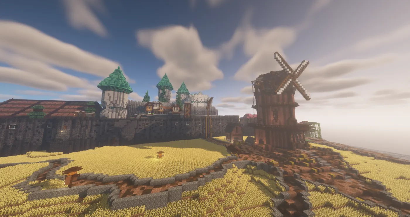 Een Minecraft-wereld met kasteel, molen en korenvelden